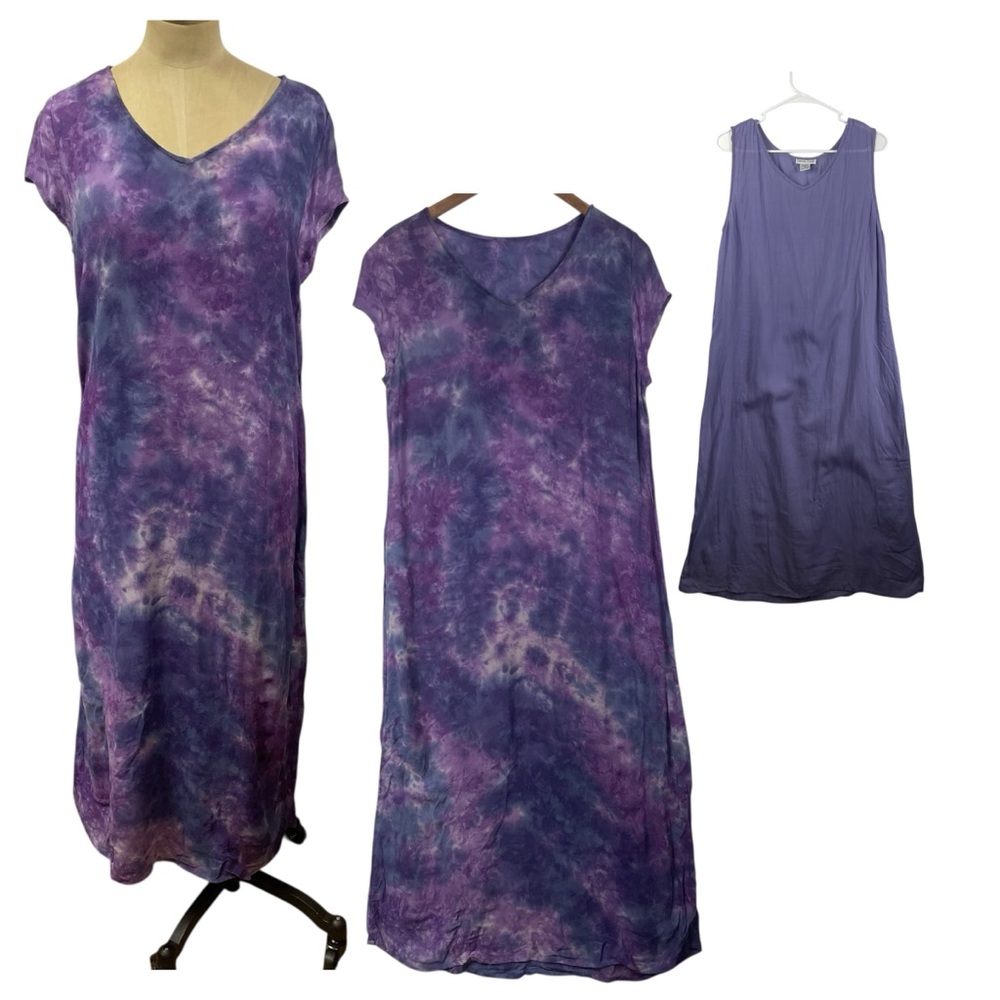 90s Artsy Tie-Dye Sheer Dress 10 Purple 2 Piece Rayon Boho Hippie Vtg 2000s